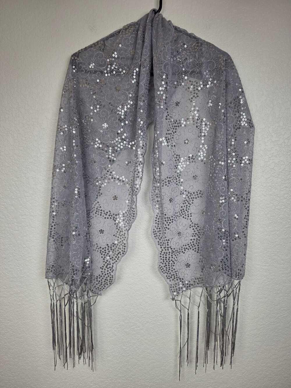 Gray Floral Lace Sequin Scarf with Fringe